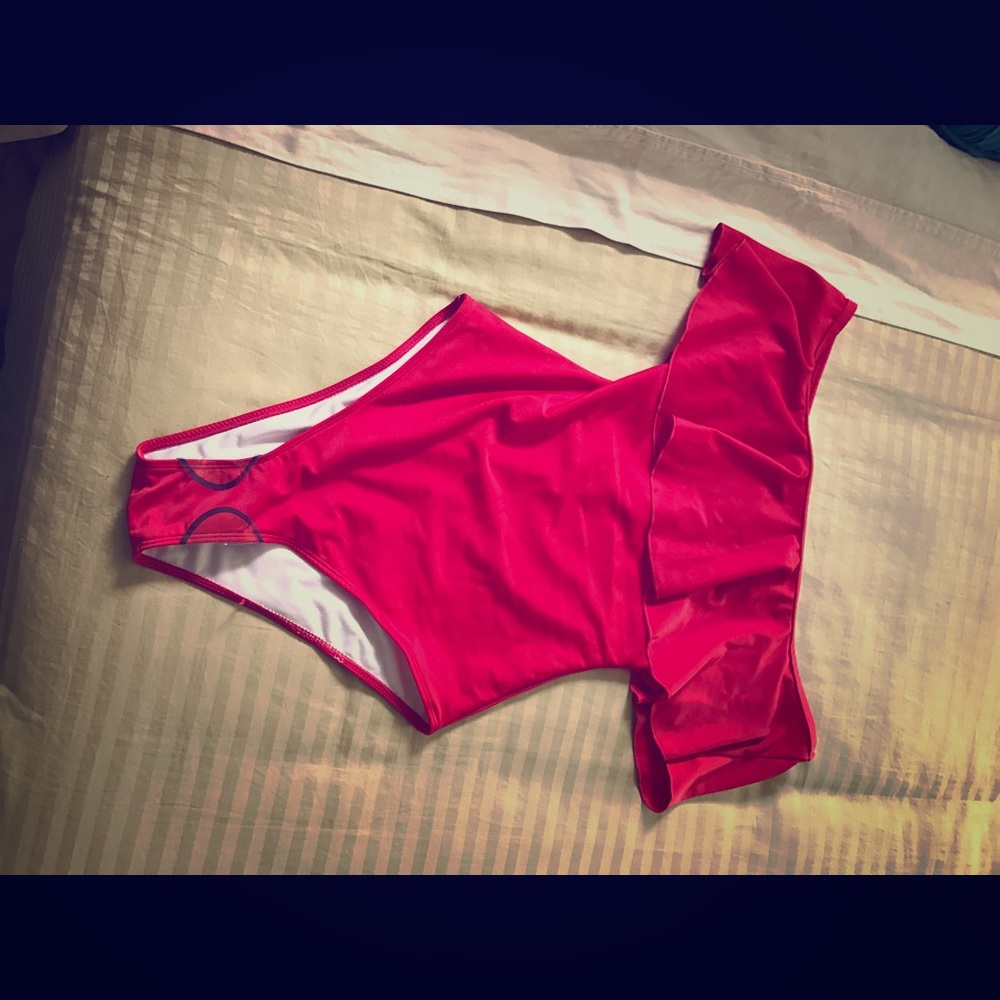 Red Off Shoulder One Piece Swimsuit, US 4